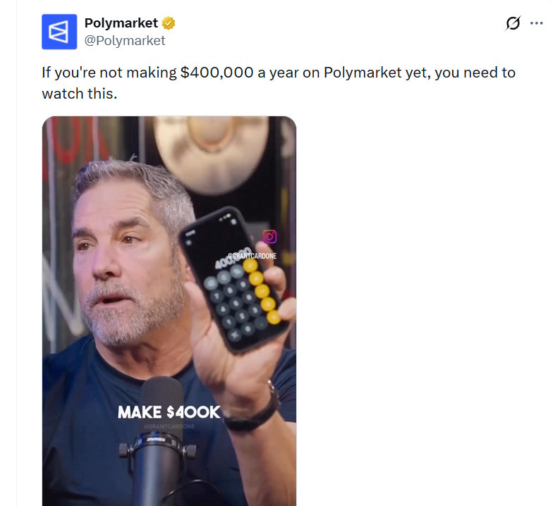 Polymarket tweet: If you're not making $400,000 a year on Polymarket yet, you need to watch this