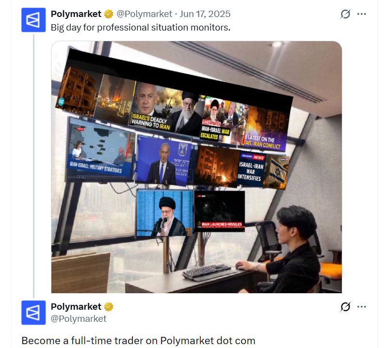 Polymarket tweet: Big day for professional situation monitors, followed by: Become a full-time trader on Polymarket dot com